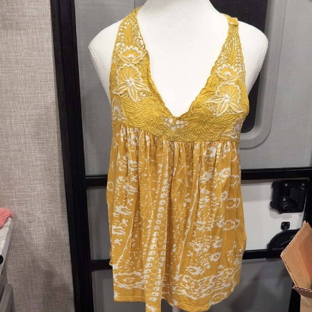 Lucky Brand Mustard Lace Detail Women's Blouse, Made In India, GUC